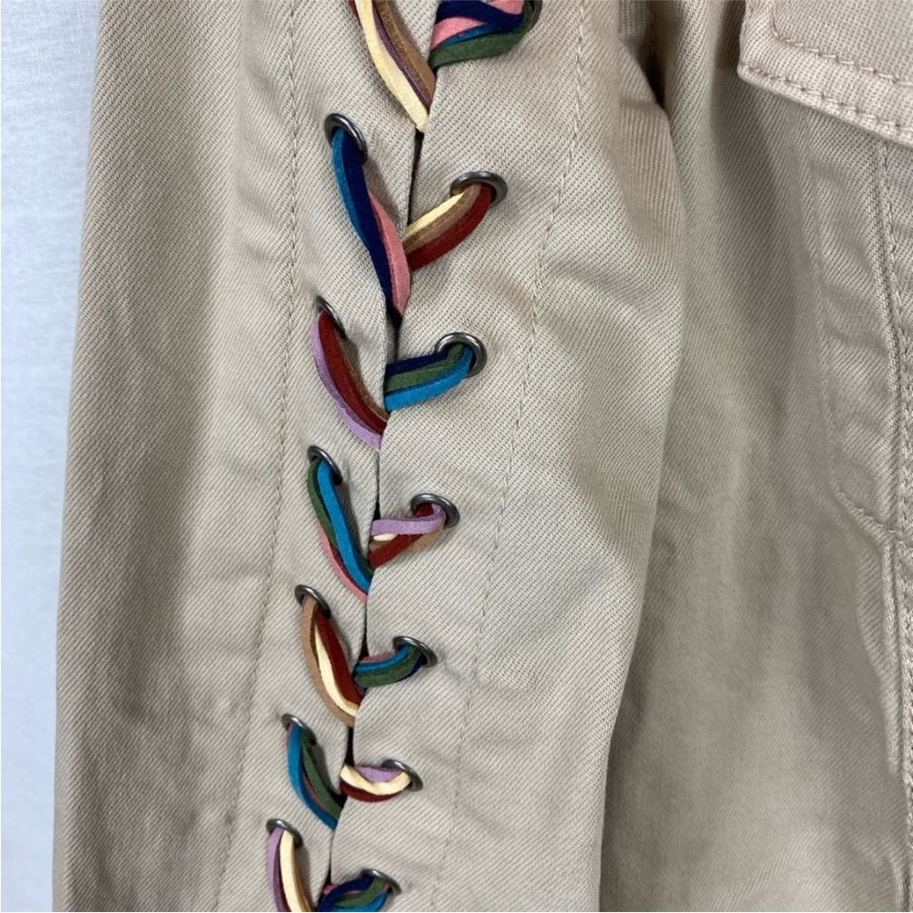 Peace Love World Cream Jean Jacket with Colorful Lace-Up Sleeves - Picture 2 of 15